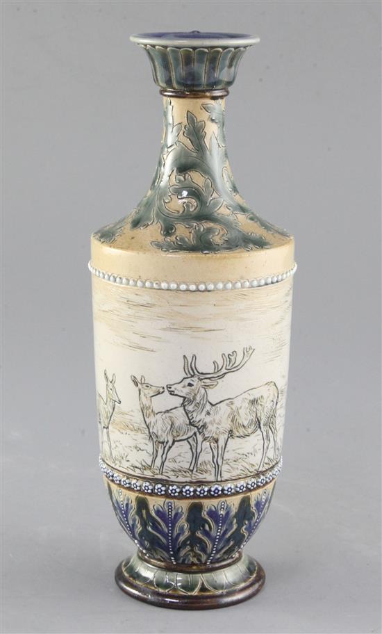 Hannah Barlow for Doulton Lambeth. A sgraffito deer vase, date code for 1879, height 26cm